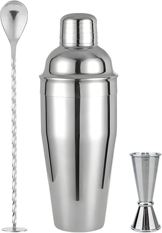 Cocktail Shaker, 24 oz Martini Shaker, Drink Shaker Built-in Strainer, Professional Drink Mixer Set for Beginners, with Measuring Cup and Stirring Spoon, Silver