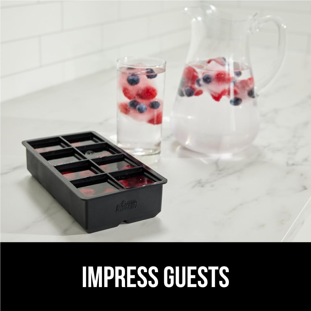 GORILLA GRIP Slow Melting Large Silicone Ice Cube Tray for Freezer, Easy to Push 8 Giant Square Cubes, Use for Cocktails, Iced Coffee, Water Bottle, Frozen Puree, Kitchen Bar Essentials, 1 Pack, Black