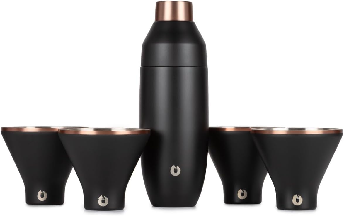 Snowfox Insulated Stemless Martini Glasses Set of 4 (8oz) & Cocktail Shaker (22oz), Vacuum Insulated Stainless Steel for Cold Drinks, Lid With Jigger & Built In Strainer, Bar Accessories, Black/Gold