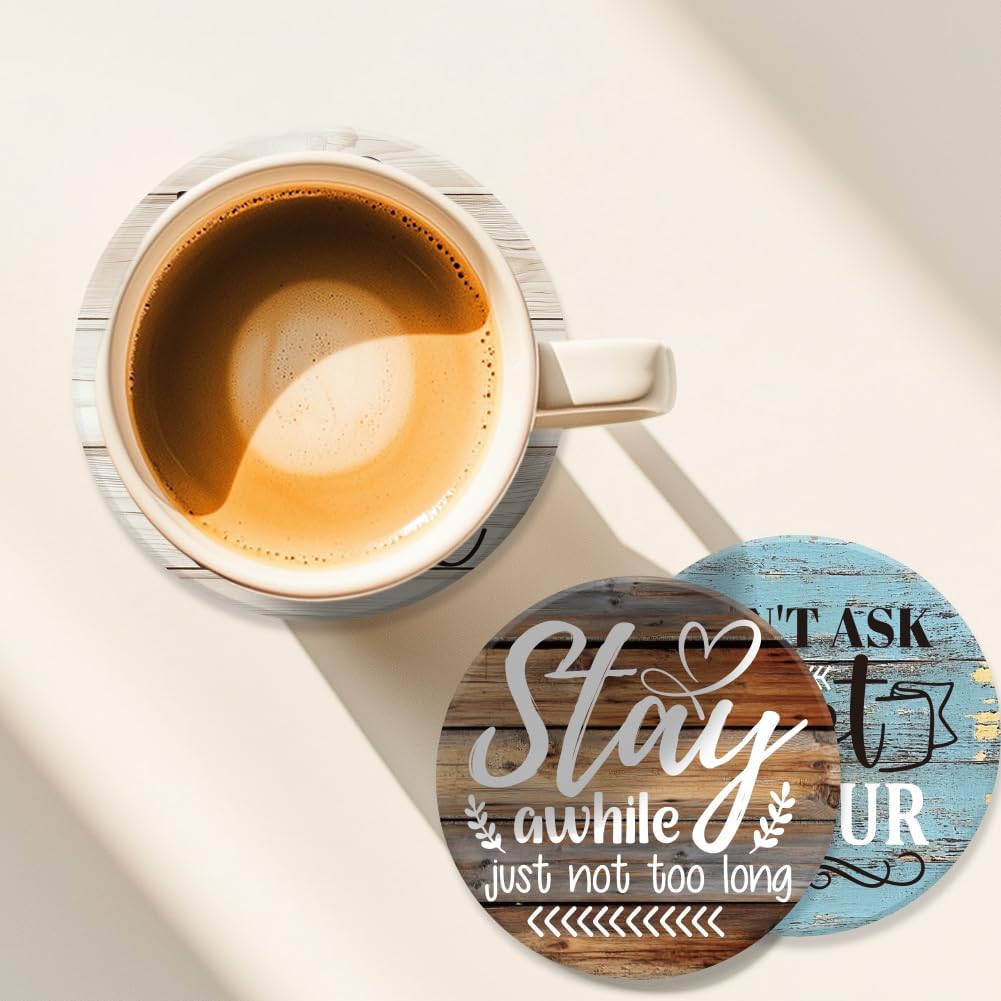 ANATTASOUL Coasters Set of 9 Funny Phrase Pattern Colorful Wooden Coasters Bulk Round Housewarming Gift for New Home, 3.9" Decorative Coffee Table Protection for Farmhouse Bar House Decor