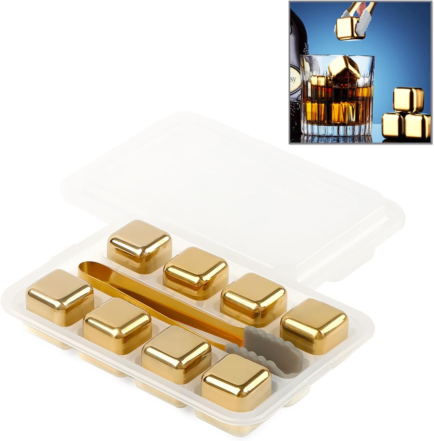 KEISSCO Stainless Steel Chilling Cubes Reusable Ice Cube Whiskey Stones for Drinks Beverage Jumbo Chilling Stones Set with Ice Tongs and Freezer Storage Tray for Whiskey, Gold Color Edition (8 Pack)