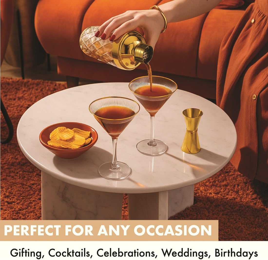 VEMACITY - Luxury Cocktail Shaker Set - Gold Glass Cocktail Shaker with Built-In Strainer + 2 Ribbed Espresso Martini Glasses with Gold Rims, Bar Spoon & Jigger | Ideal for Home Mixology