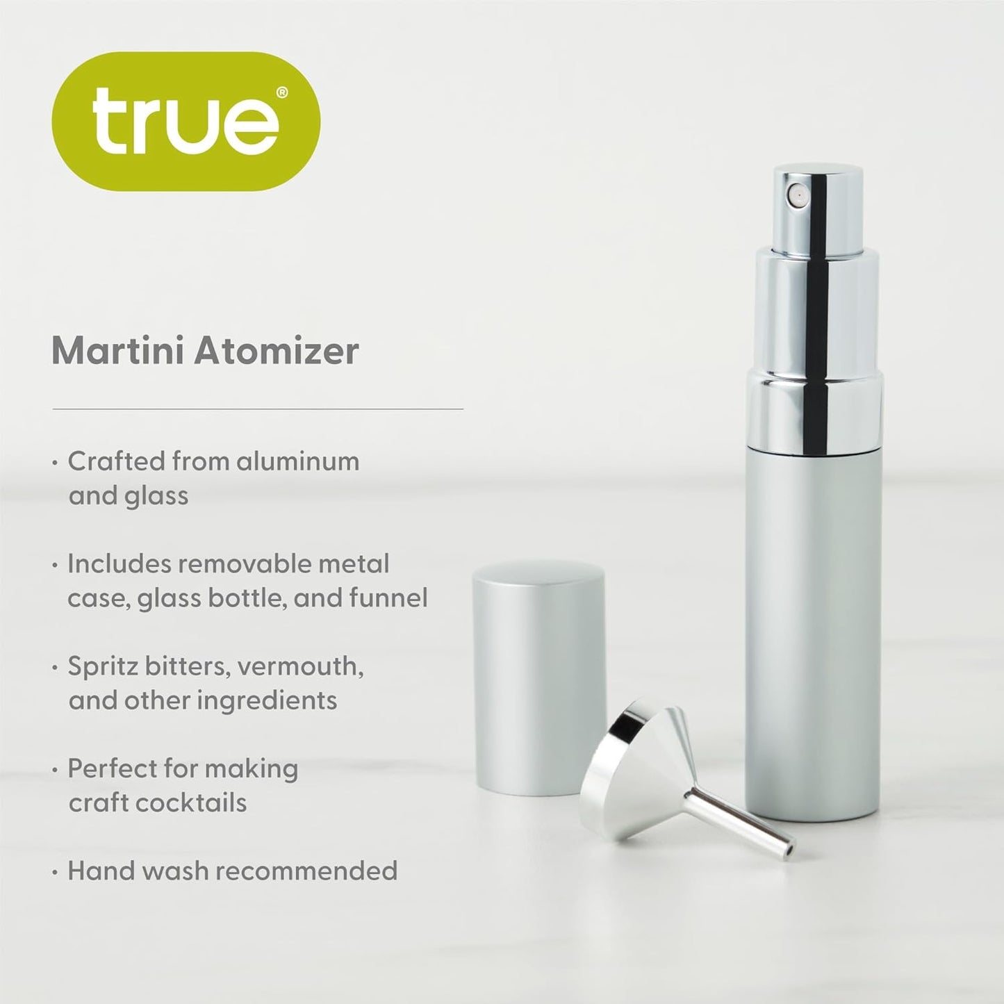 True Martini Atomizer Bar Mister – Spray Bottle for Gin & Vodka Martinis, Refillable Vermouth Spritzer for Bitters and Absinthe, Travel Perfume & Essential Oils Sprayer, Glass Canister with Funnel