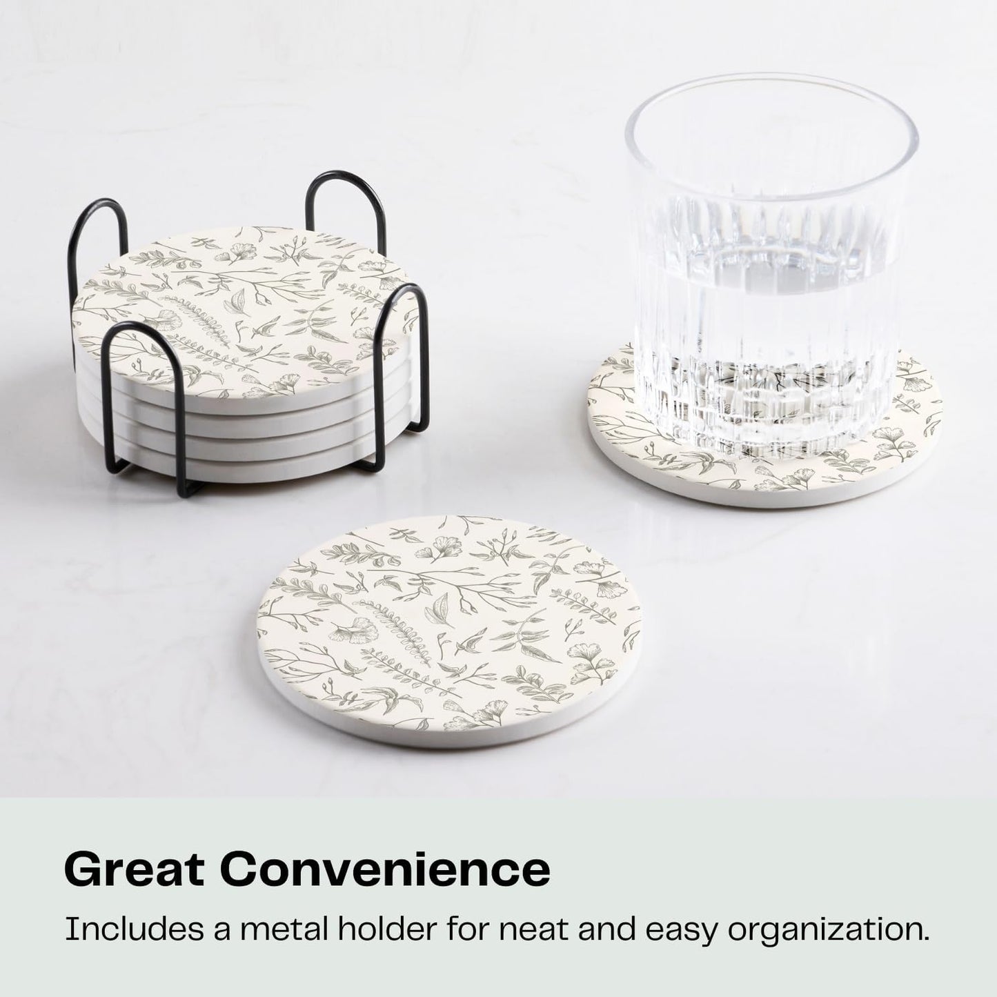 Set of 6 Floral Ivory and Gray Coasters with Holder, Absorbent Ceramic Drink Coasters with Cork Backing for Table Protection, Coffee Table Décor