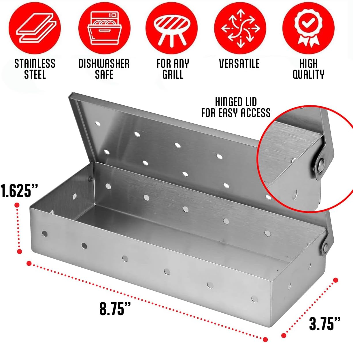 Kaluns Universal Stainless Steel Smoker Box, Gas or Charcoal Grill Smoke Box, Works with Wood Chips, add Delicious Smoked Flavor, Hinged Lid,Warp Free Grill Accessories