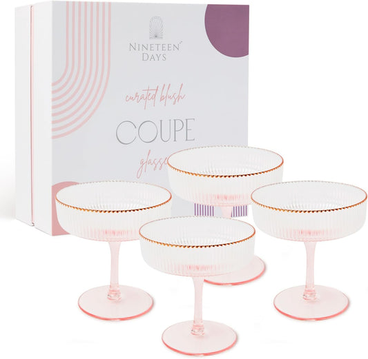 Pink Coupe Glasses Set of 4 Glasses with Rose Gold Rim (8 Oz) Art Deco Coupe Glasses, Ribbed Martini Cocktail Glasses Gift Box, Vintage Champagne Glasses, Espresso Martini Glasses