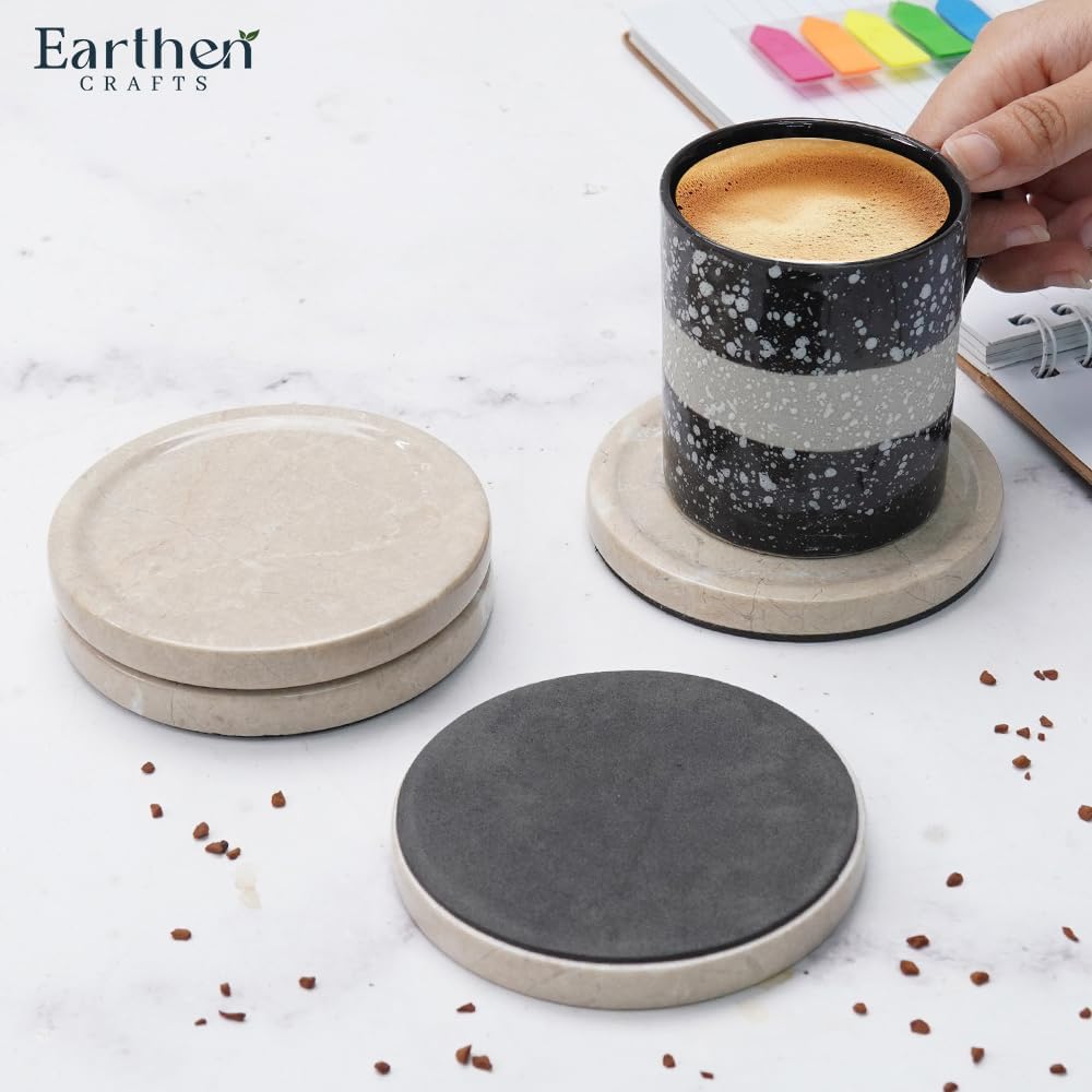Marble Coasters Set of 4 Beige 4 Inches Round Coaster Set Natural Stone Drink Coasters, Coaster for Drinks, Coffee Table, Kitchen, Bar Décor