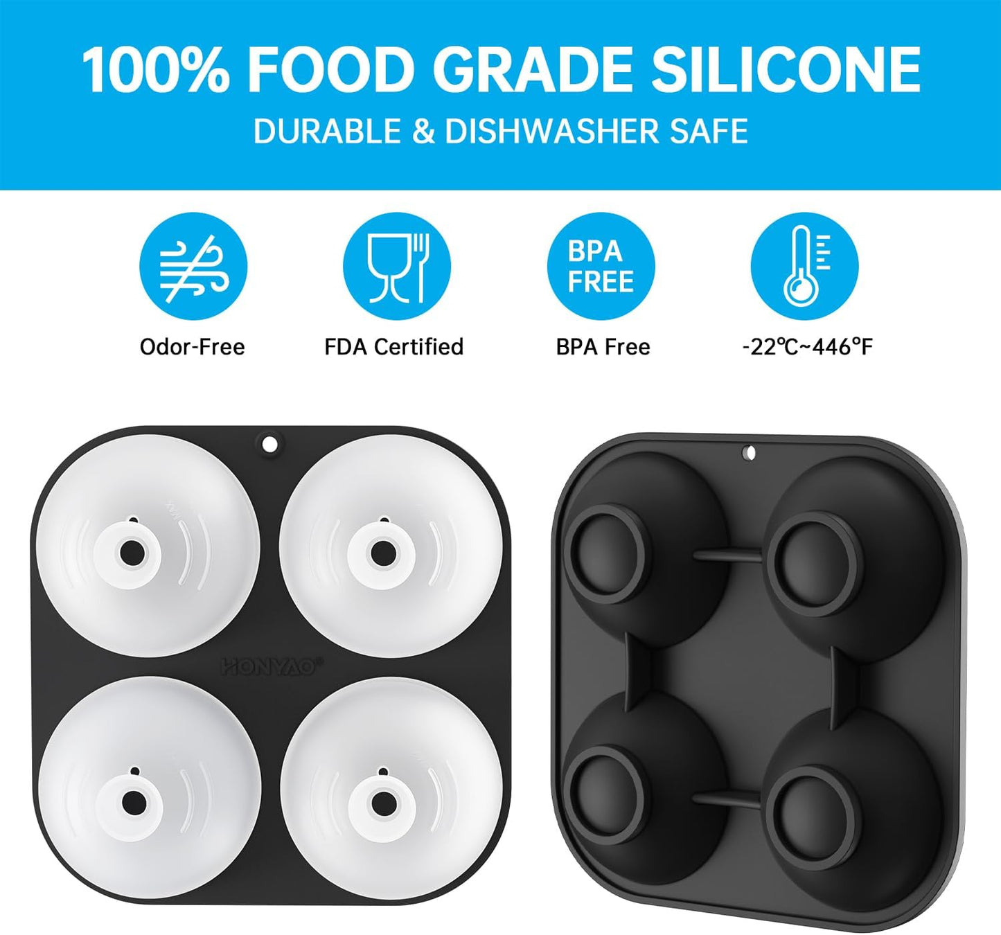 HONYAO Silicone Whiskey Ice Ball Mold - 2.4 Inch Large Ice Cube Trays Molds Silicone with Lids - Ice Sphere Maker for Cocktails, Bourbon, Rum - 2 x 4 Iceballs