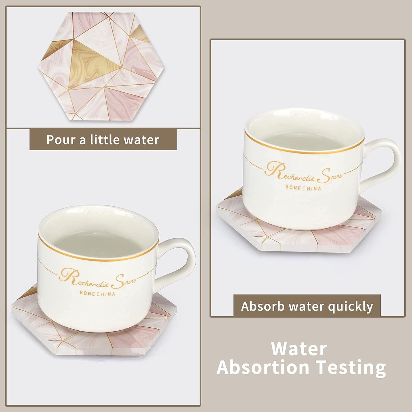6 Pack Pink Marble Coasters with Holder Gold Absorbent Drink Unique Coaster Cute Ceramic Table Coaster Set Funny Kitchen Accessories Decorative Bar Coster Modern Coffee Table Decor Cup Coasters