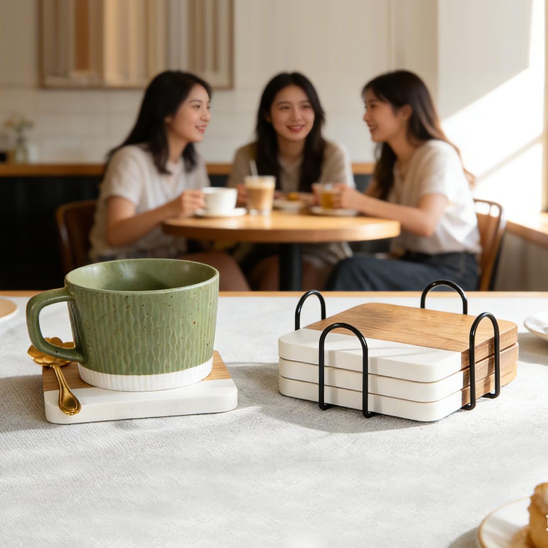 Acacia Wood Marble Coasters for Drinks with Holder Set of 4, Square Non-Slip Wooden Stone Coaster Coffee Table Accessories Manly Coaster for Men Coffee Table, Bar, Office - Rustic Modern Style