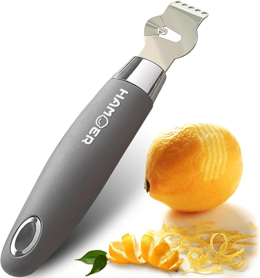 Lemon Lime Citrus Zester Channel knife 2-in-1 Tool Ergonomic Handle - Grey+Silver