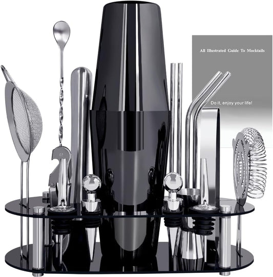 Cocktail Shaker Set Bartender Kit with Stand - 16 Piece Bar Tool Set Drink Mixer Set Includes : Shakers, Jigger, Strainer, Mixer Spoon, Muddler, Liquor Pourers, Straw (Black-25/20oz)