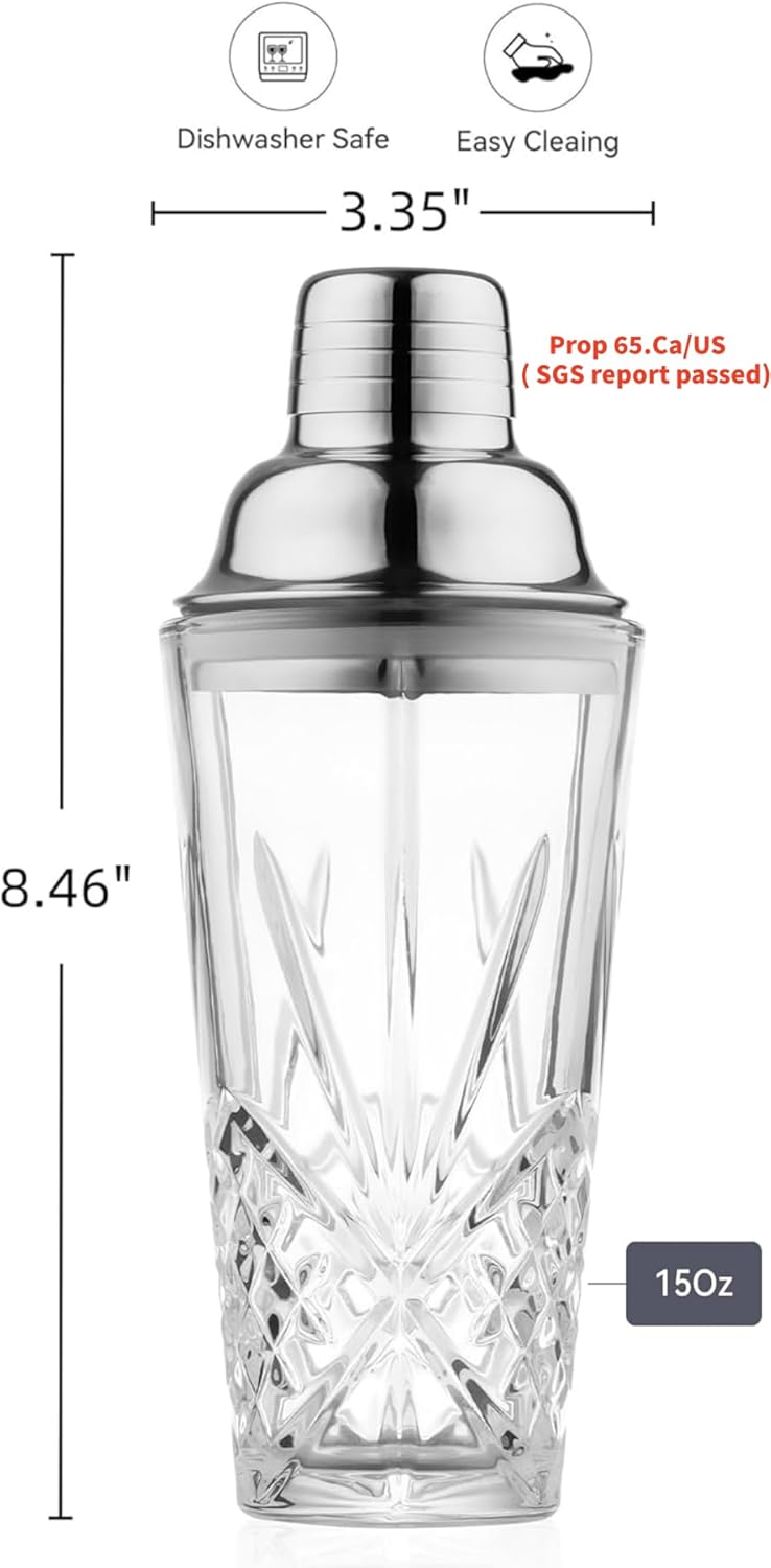 Cut Crystal Cocktail Shaker Set (15oz Lead-Free Crystal Mixer with Stainless Steel Lid & Pour Spout & 4 Recipe Coasters) Premium Bar Tool for Home Bar