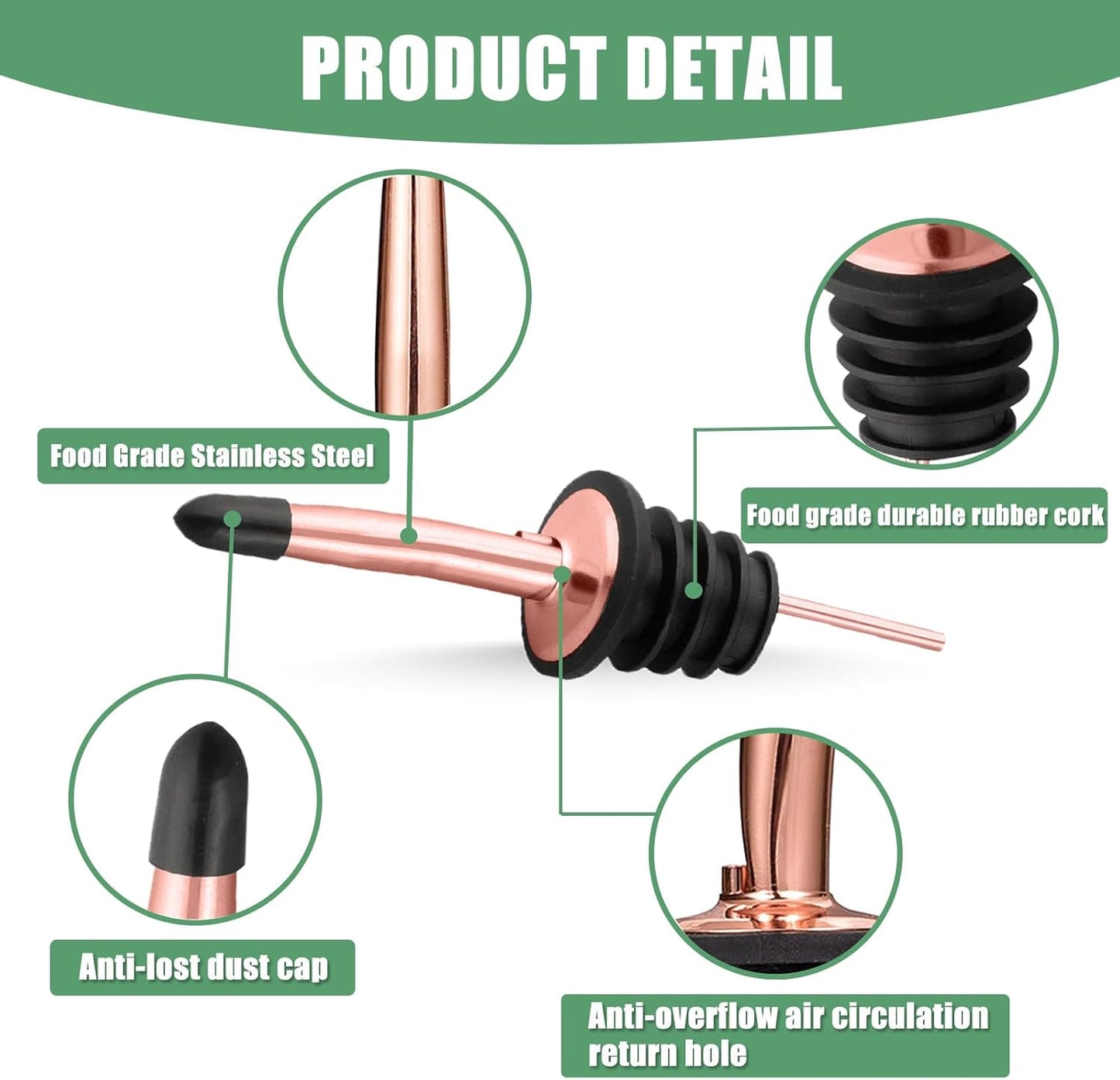 WAFJAMF 6 Pcs Liquor Pour Spouts Set, Stainless Steel Liquor Bottle Pourers with Rubber Dust Caps, for Pours Liquid, Olive Oil, Wine, Vinegar (Rose Gold)