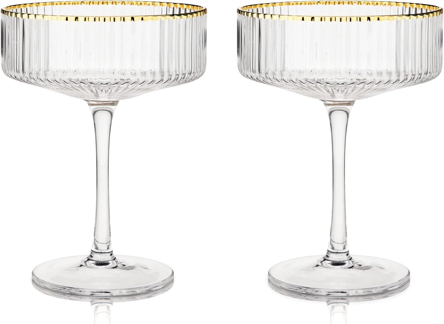 Viski Meridian Vintage Coupe Glasses, Art Deco Champagne Coupe Glassware, Gold Rimmed Stemmed Drinkware Set of 2, 11.5 oz