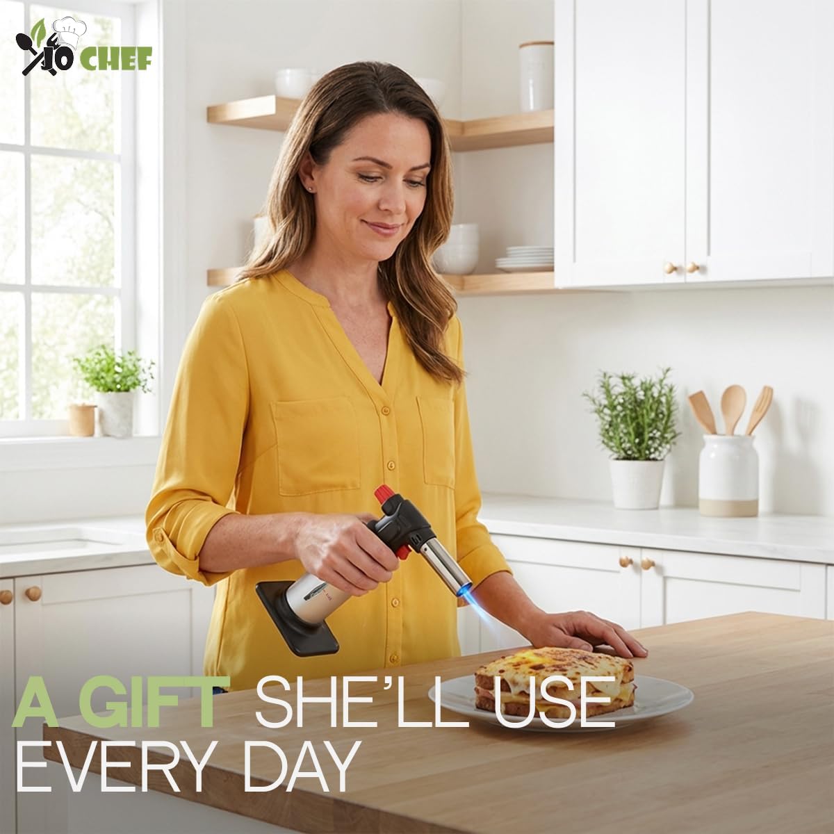 Jo Chef Kitchen Torch with Butane Included – Refillable butane torch Lighter with Safety Lock & Adjustable Flame, Culinary Blow Torch for Cooking, Creme Brulee and Soldering 2 Cans (3.38oz) Included
