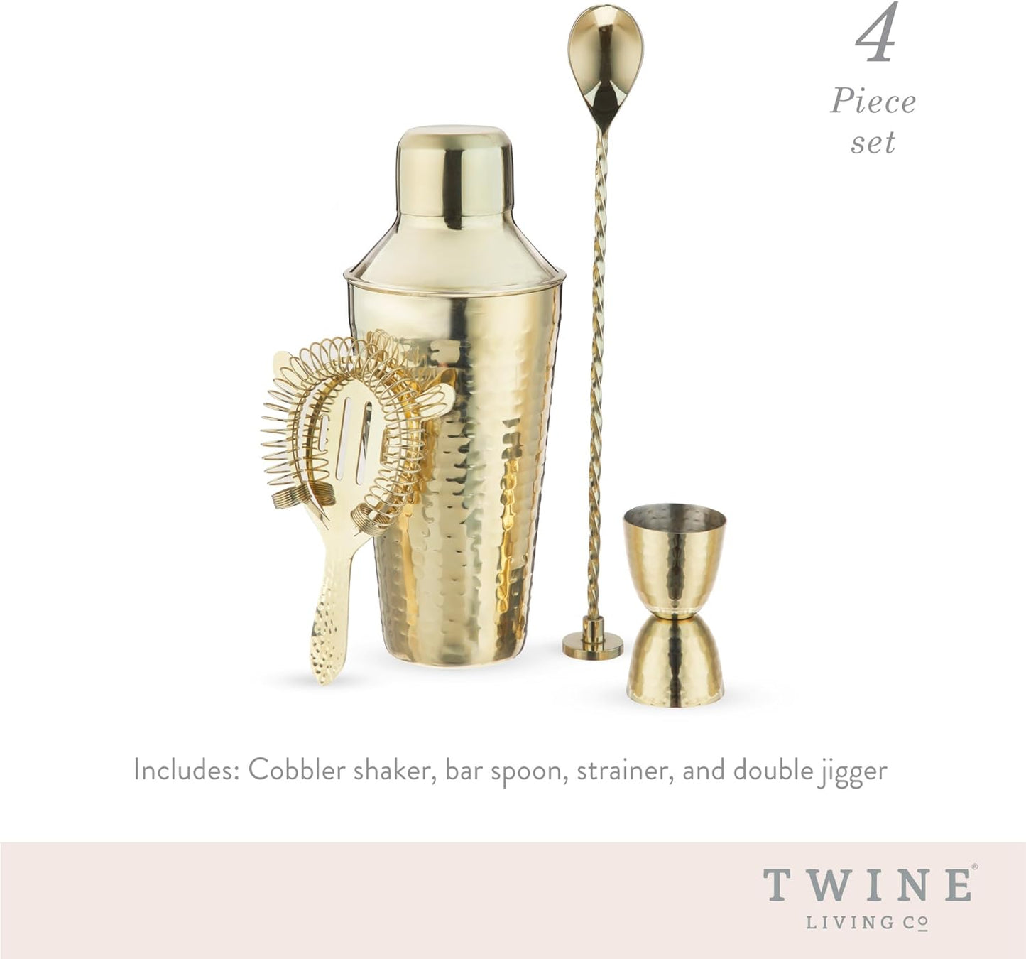 Twine 4-Piece Gold Hammered Cocktail Shaker Set Includes Cobbler Shaker, Strainer, Jigger, Bar Spoon for Classic Cocktails, Mixed Drinks, Cold Brew, Home Bar Tools, Bartender Kit, Bar Cart Accessories