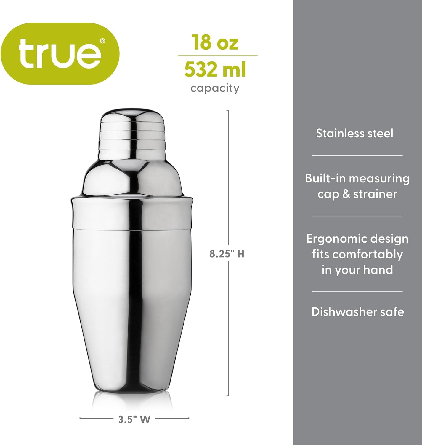 True Contour Cocktail Shaker, 18 oz Stainless Steel Cobbler Shaker With Cap And Strainer - Drink Shakers for Cocktails and Liquor
