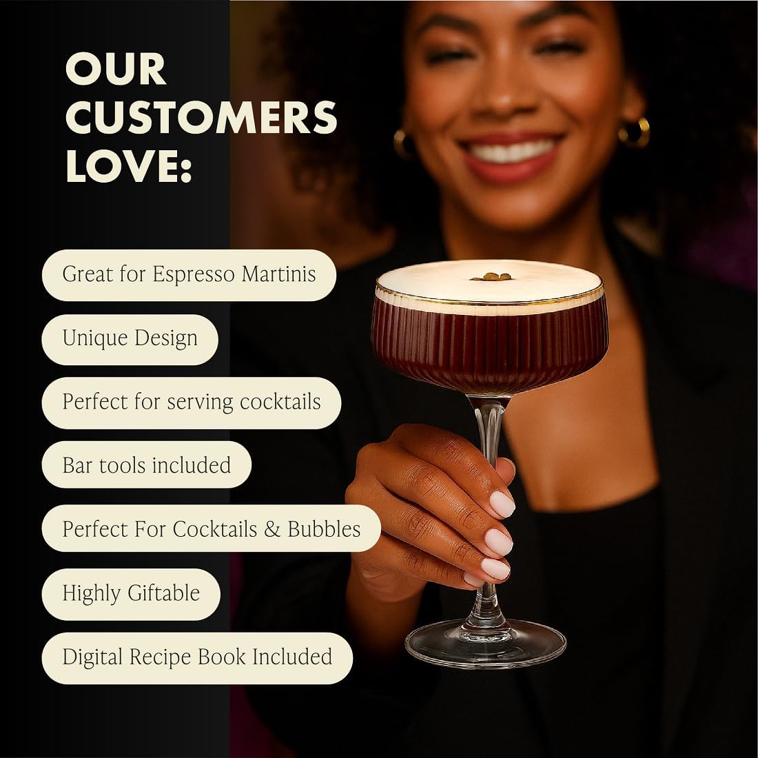 VEMACITY - Ribbed Espresso Martini Glasses Set of 4 with Gold Rims | Coupe Glasses | Vintage Cocktail Glasses for Margaritas, Champagne and More - Includes Jigger & Bar Spoon |
