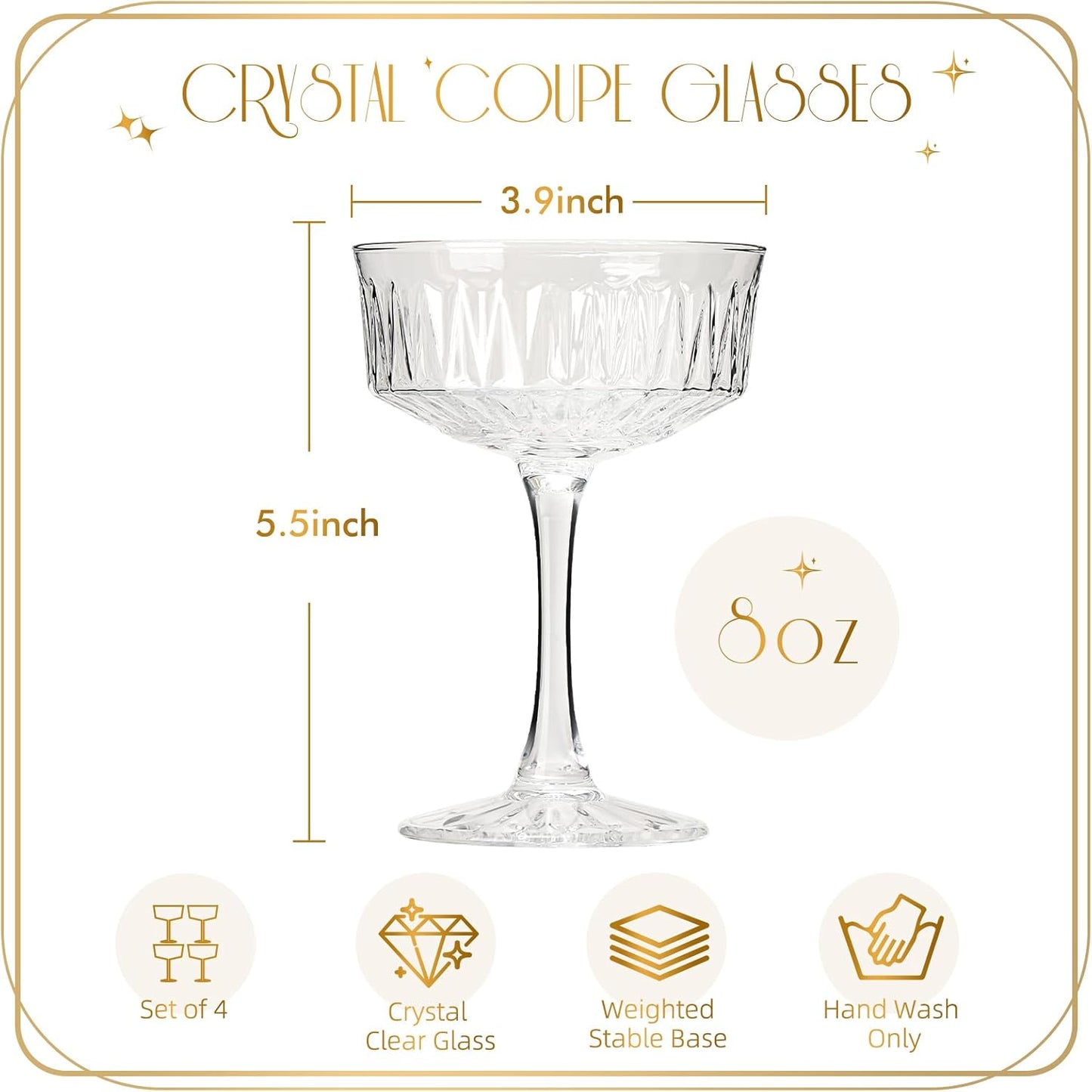 VIMERPA Coupe Glasses, Martini Glasses Set of 4, Vintage Champagne Coupe Glasses, 8oz Large Martini Glass, Crystal Retro Style Cocktail Glass for Elegant Bar Drinks, Vintage Art Deco Glassware