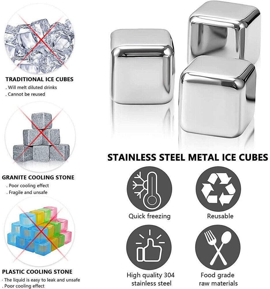 6 Small Whiskey Stones - Man Gift Set - Reusable Stainless Steel Metal Ice Sphere Cubes Beverage Chilling Rocks Whiskey Stones for Red Wine, Bar Beer, Scotch, Vodka Drinks - Silver