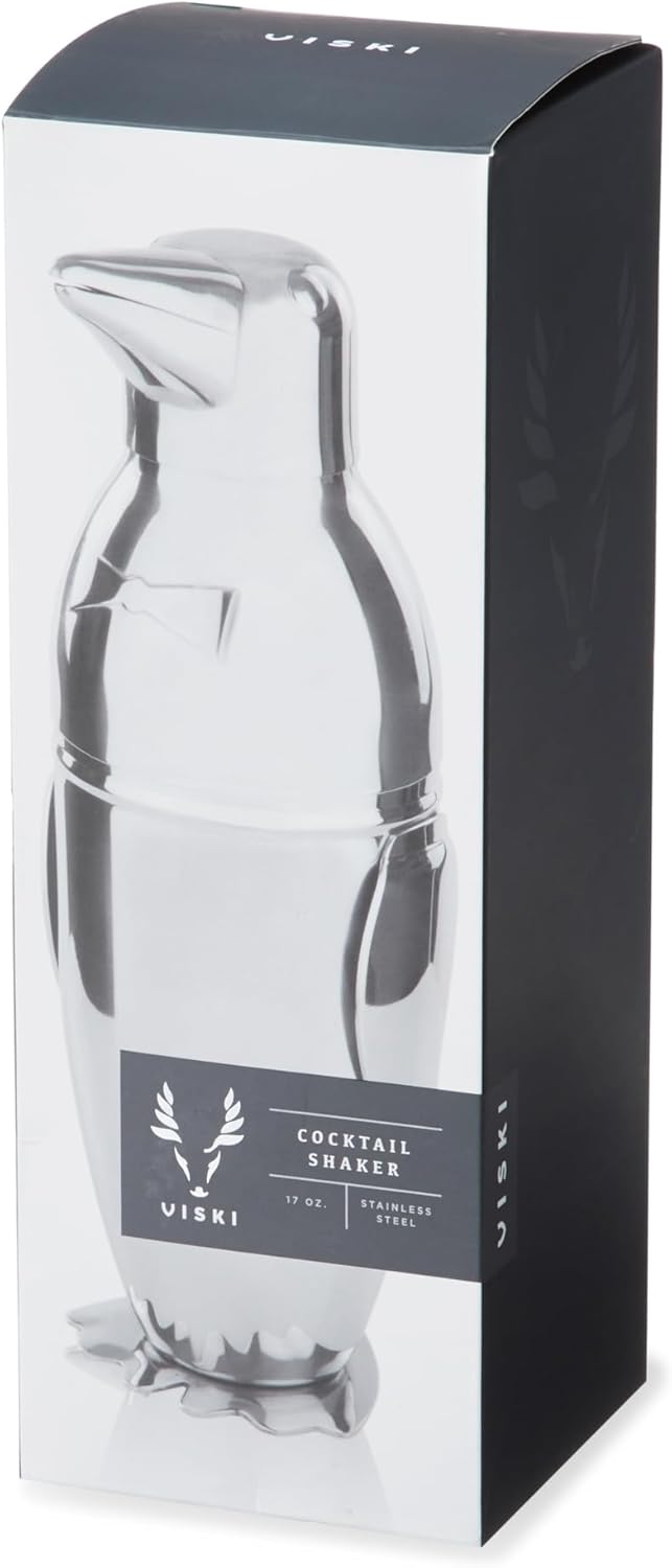 Viski Penguin Cocktail Shaker with Strainer, Stainless Steel Cobbler Shaker for Margaritas, Whiskey Sours & Other Cocktails, Penguin Gifts for Home Bar, Cocktail Party Essentials, 17 oz