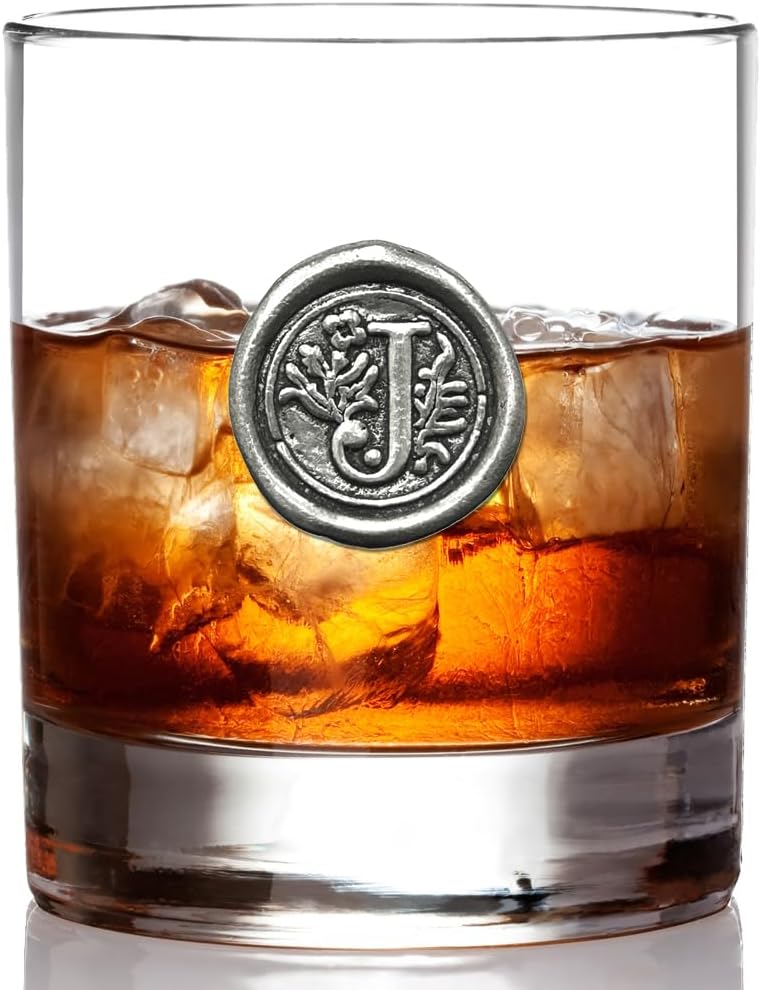 English Pewter Company 11oz Old Fashioned Whiskey Rocks Glass With Monogram Initial - Unique Gifts For Men - Personalized Gifts With Your Choice of Initial (J) MON110