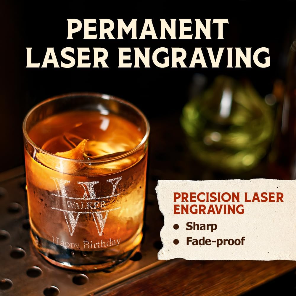 Personalized Whiskey Glasses for Men Dad, 11 Oz Photo Engraved Buorbon Glass, Etched Monogram Whiskey Glassware, Laser Handwriting Drinkware, Custom Birthday Retirement Father's day for Him