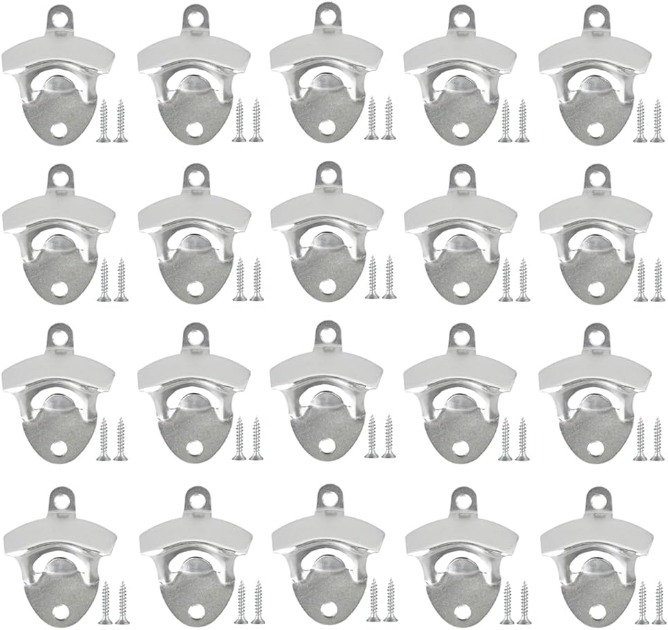 ANSLYQA 20 Pack Bottle Opener Wall Mounted, Vintage Beer Bottle Opener with Screws for Bars KTV Hotels Homes, (Silver)