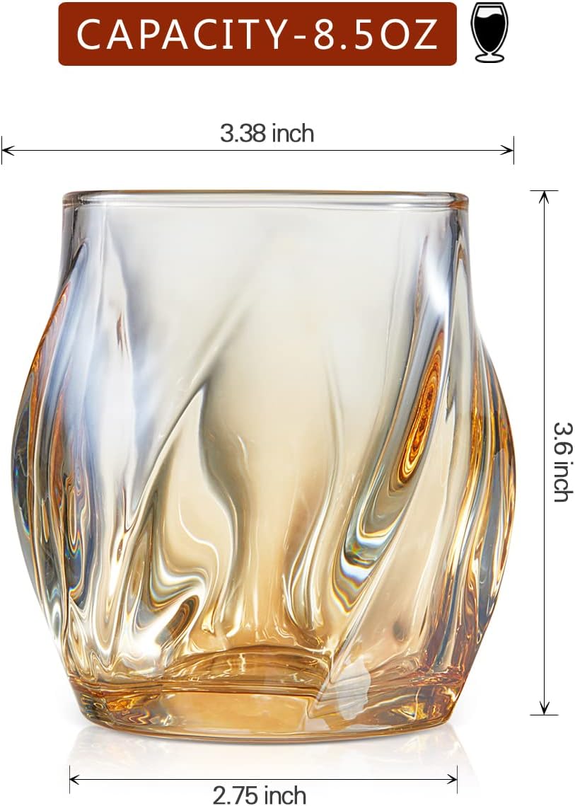 Whiskey Glasses Set of 2, Rocks Glass, 8.5 OZ Drinking Glasses, Creative Twisted Crystal Old Fashioned Cocktail Glass Tumbler for Bourbon, Scotch, Tequila, Cognac, Rum