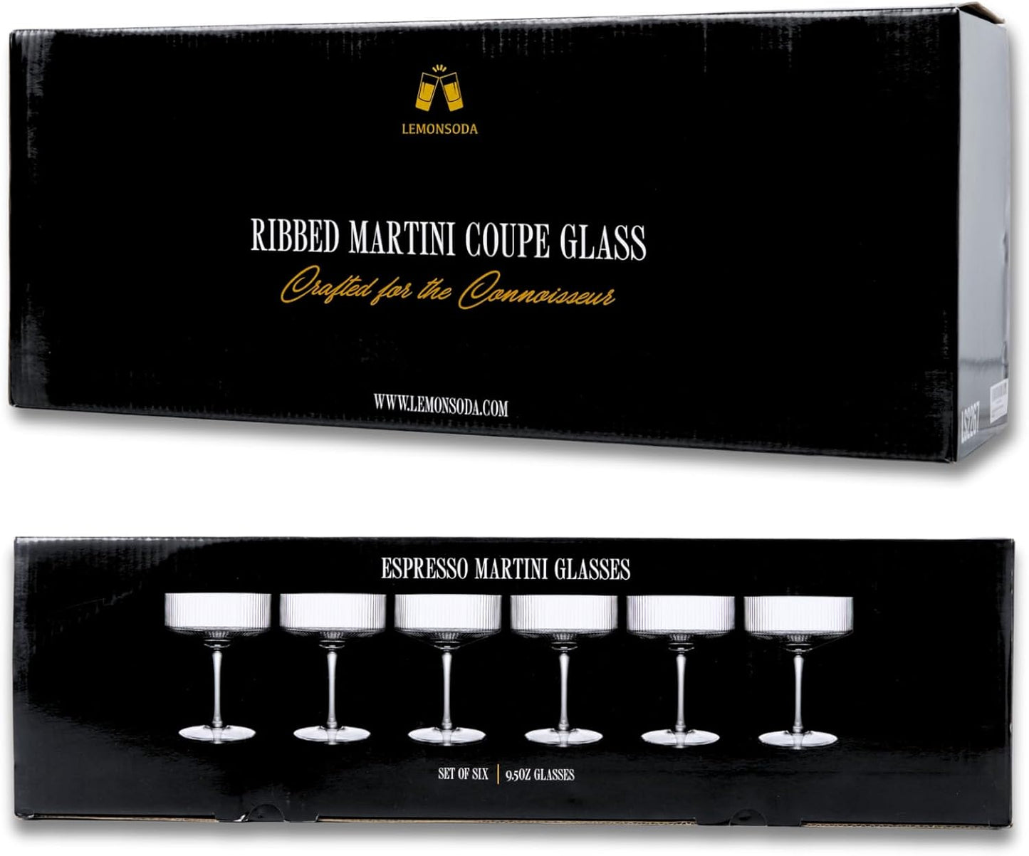LEMONSODA Clear & Ribbed Martini Coupe Glasses - Classic Barware for Espresso Martini, Manhattan, Cosmopolitan – Handcrafted Luxury Glassware for Home Entertaining (Ribbed 9.5oz, Set of 6)