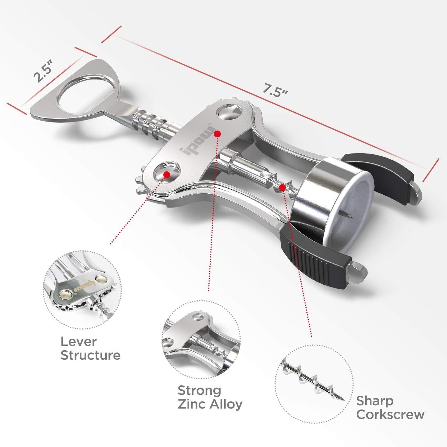 IPOW Wine Opener, Zinc Alloy Wine Bottle Opener, Wing Corkscrew Heavy Duty, Manual Multifunctional Cork Screw for Waiter, Silver