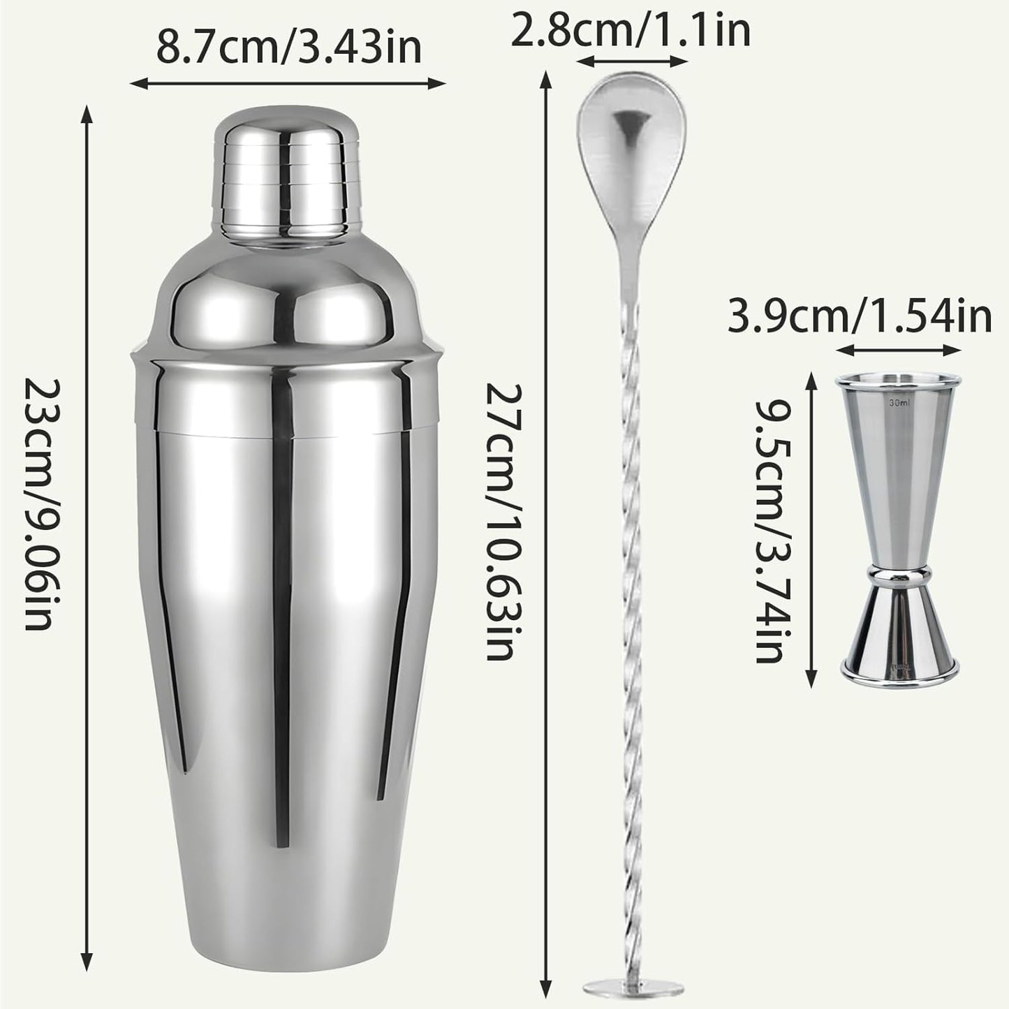 Cocktail Shaker, 24 oz Martini Shaker, Drink Shaker Built-in Strainer, Professional Drink Mixer Set for Beginners, with Measuring Cup and Stirring Spoon, Silver