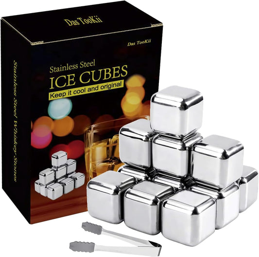 12 Pack Whiskey Stones Gift Set for Men, Das TooKii Stainless Steel Ice Cubes Chilling Stones Reusable, High Cooling Rocks Metal Ice Cube for Drinks Beverage Wine with Ice Tongs & Freezer Storage Box
