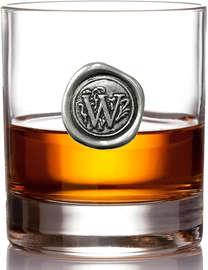 English Pewter Company 11oz Old Fashioned Whiskey Rocks Glass With Monogram Initial - Unique Gifts For Men - Personalized Gifts With Your Choice of Initial (R) MON118 - W