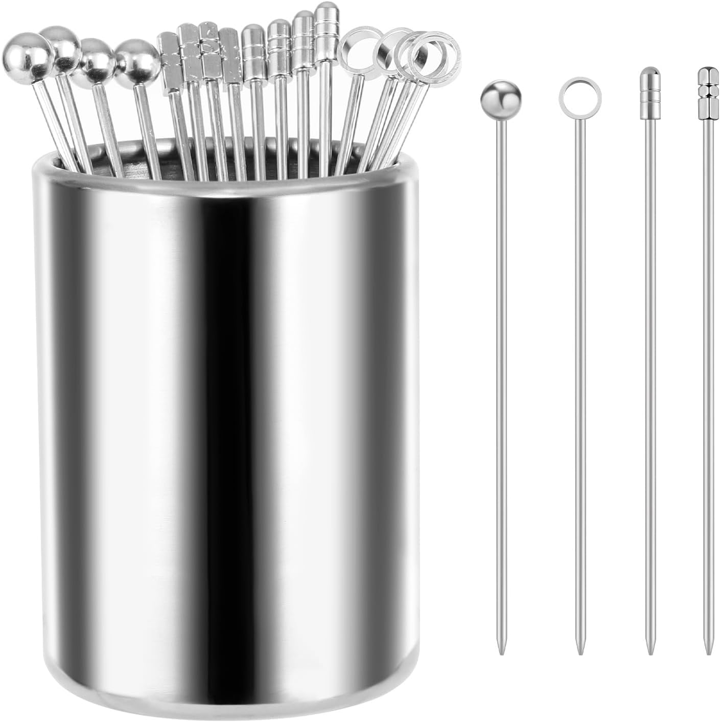 Metal Cocktail Picks, 16Pcs Martini Picks, Reusable Stainless Steel Drink Stick with Storage Cup, Bloody Mary Skewers for Appetizers Sandwiches, BBQ Snacks, Olives Fruits