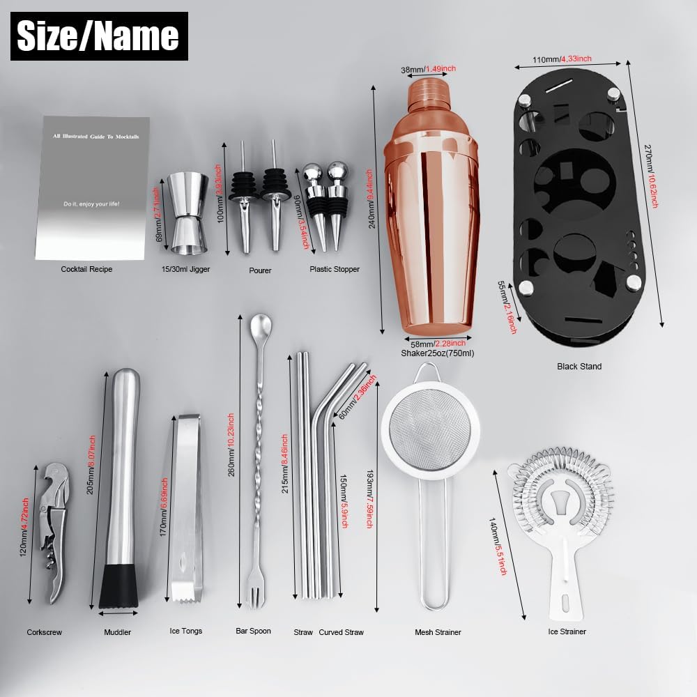 Cocktail Shaker Set Bartender Kit with Stand - 16 Piece Bar Tool Set Drink Mixer Set Includes : Shakers, Jigger, Strainer, Mixer Spoon, Muddler, Liquor Pourers, Straw (Rose Gold)