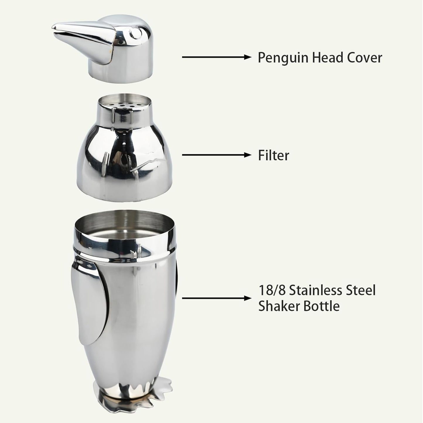 Penguin Cocktail Shaker with Strainer, Bar Essentials, Bartender Shaker and Strainer Set, Stainless Steel Shaker Bottle, 17 oz