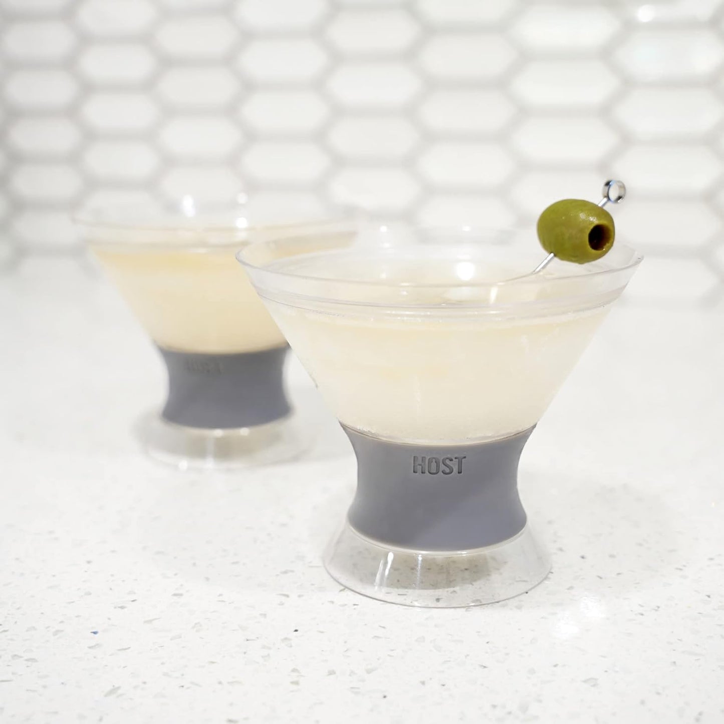 Host Freeze Insulated Martini Cooling Cups for Espresso Martinis, Gifts for Mom, Housewarming Gifts for Women, Plastic Freezer Gel Chiller Double Wall Stemless Cocktail Glasses, Set of 2, 9 oz, Gray