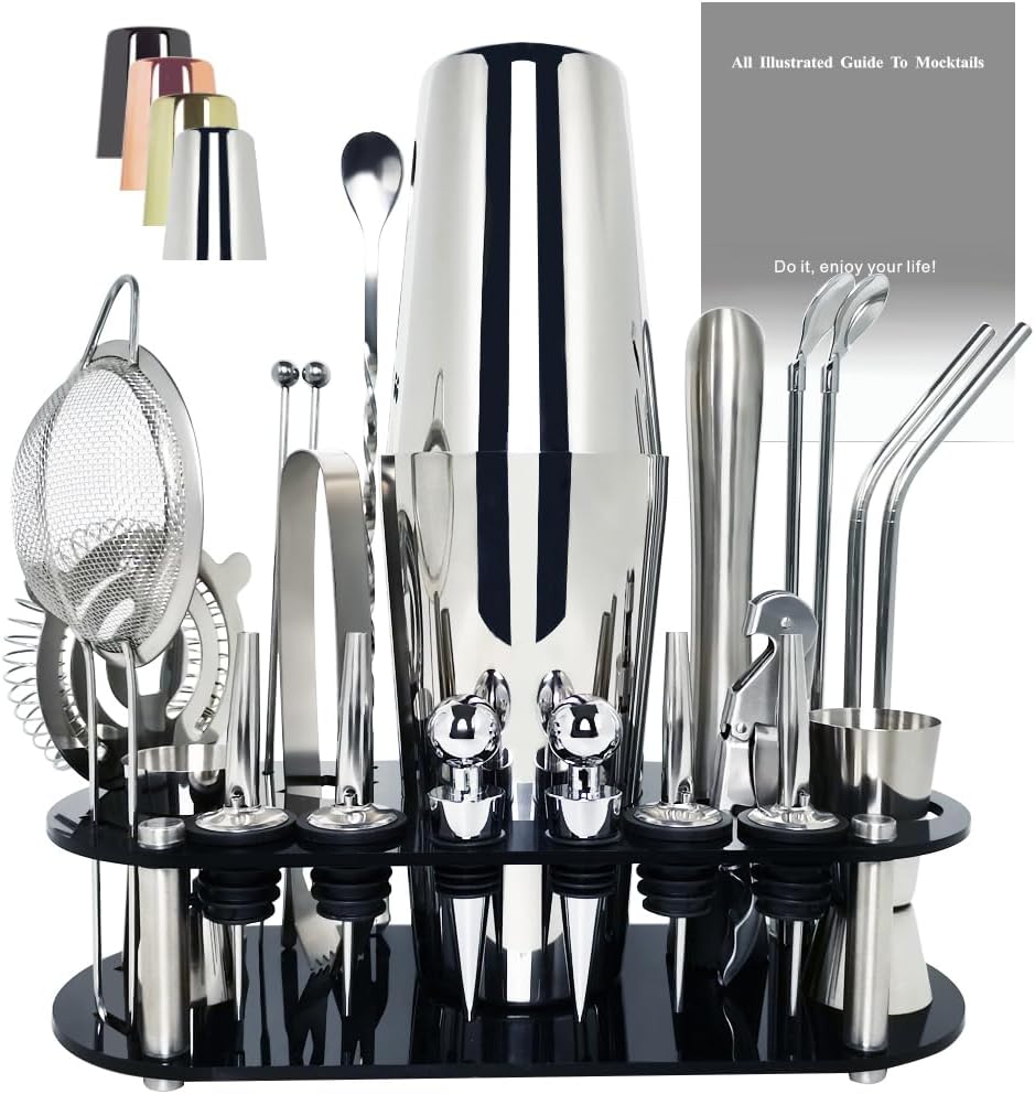 22-Piece Cocktail Shaker Set, 25/20oz Bartender Kit, Bartending Stainless Steel Bar Tools Sets for Drink Mixing, Boston Cocktail Shakers with Stand Recipes Booklet (Black-25-20oz) - Siver 25-20oz