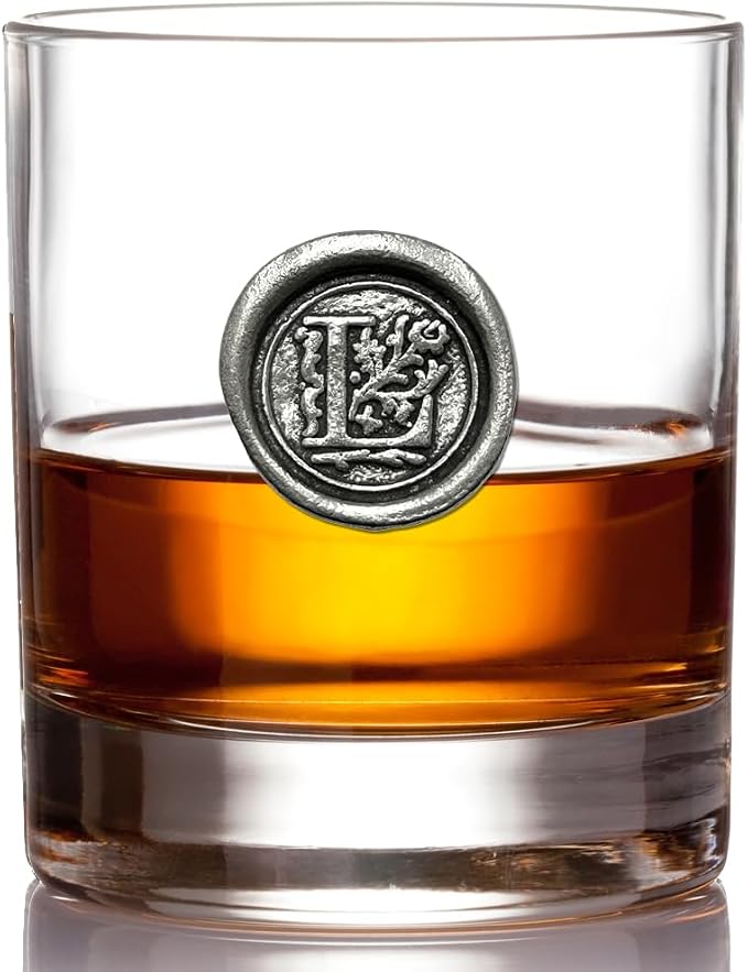 English Pewter Company 11oz Old Fashioned Whiskey Rocks Glass With Monogram Initial - Unique Gifts For Men - Personalized Gifts With Your Choice of Initial (R) MON118 - L