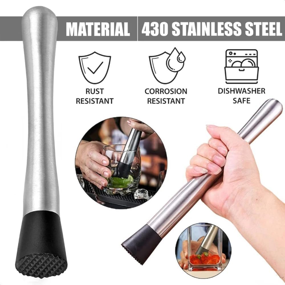 10 Inch Stainless Steel Muddler for Cocktails, Long Handle Durable Material, Bar Tool for Making Mojito and Fruit Drinks