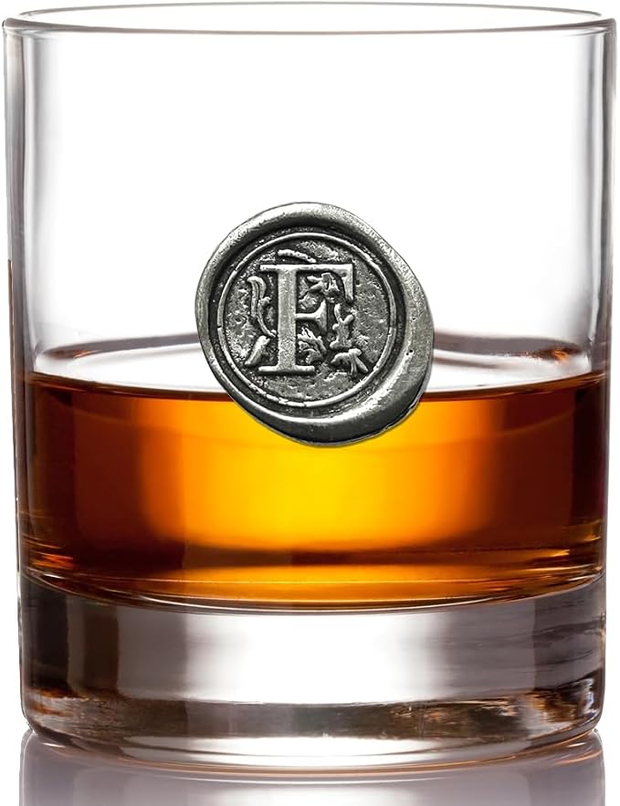 English Pewter Company 11oz Old Fashioned Whiskey Rocks Glass With Monogram Initial - Unique Gifts For Men - Personalized Gifts With Your Choice of Initial (R) MON118 - F