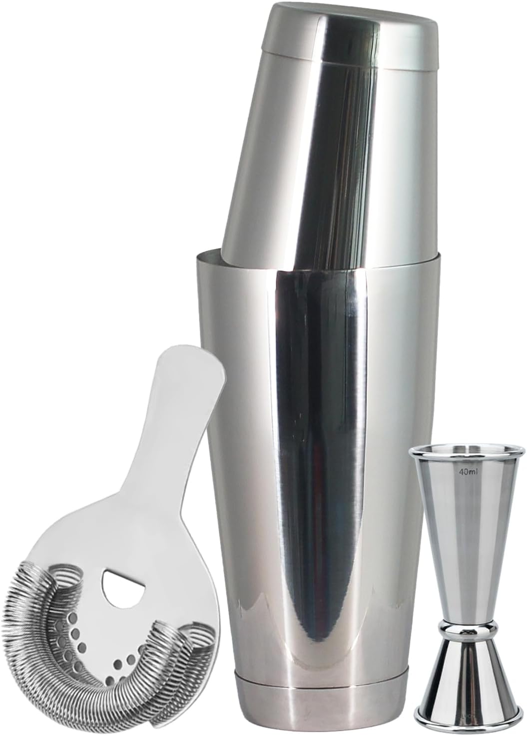 Boston Cocktail Shaker Set, 17 oz and 24 oz Stainless Steel Weighted Shaker Tins, Professional Bar Tools for Bartender, with Strainer and Measuring Cup (Silver)