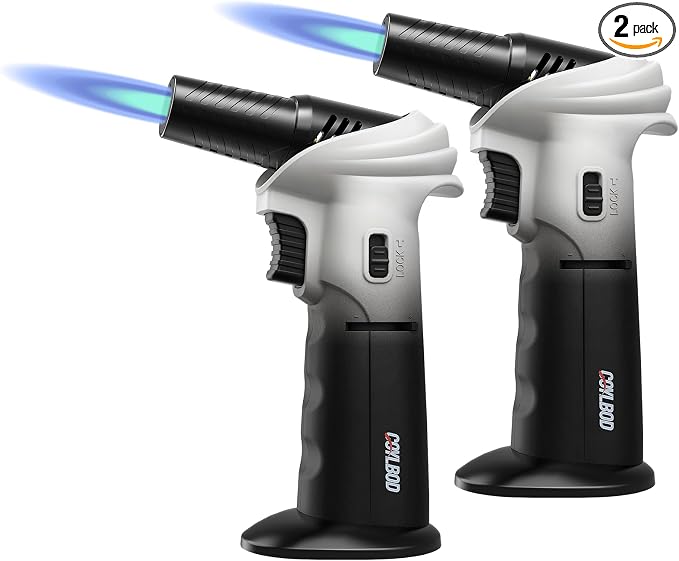 Butane Kitchen Torch, Safety Lock & 0‑90° Rotating Head for Baking - White & Black-2 Pack