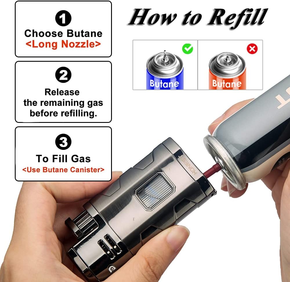 Metal Lighter Triple Jet Flame Refillable Butane Cigar Lighter Windproof Lighters with Cigar Punch Rest Holder - Butane Not Included (Gunmetal)