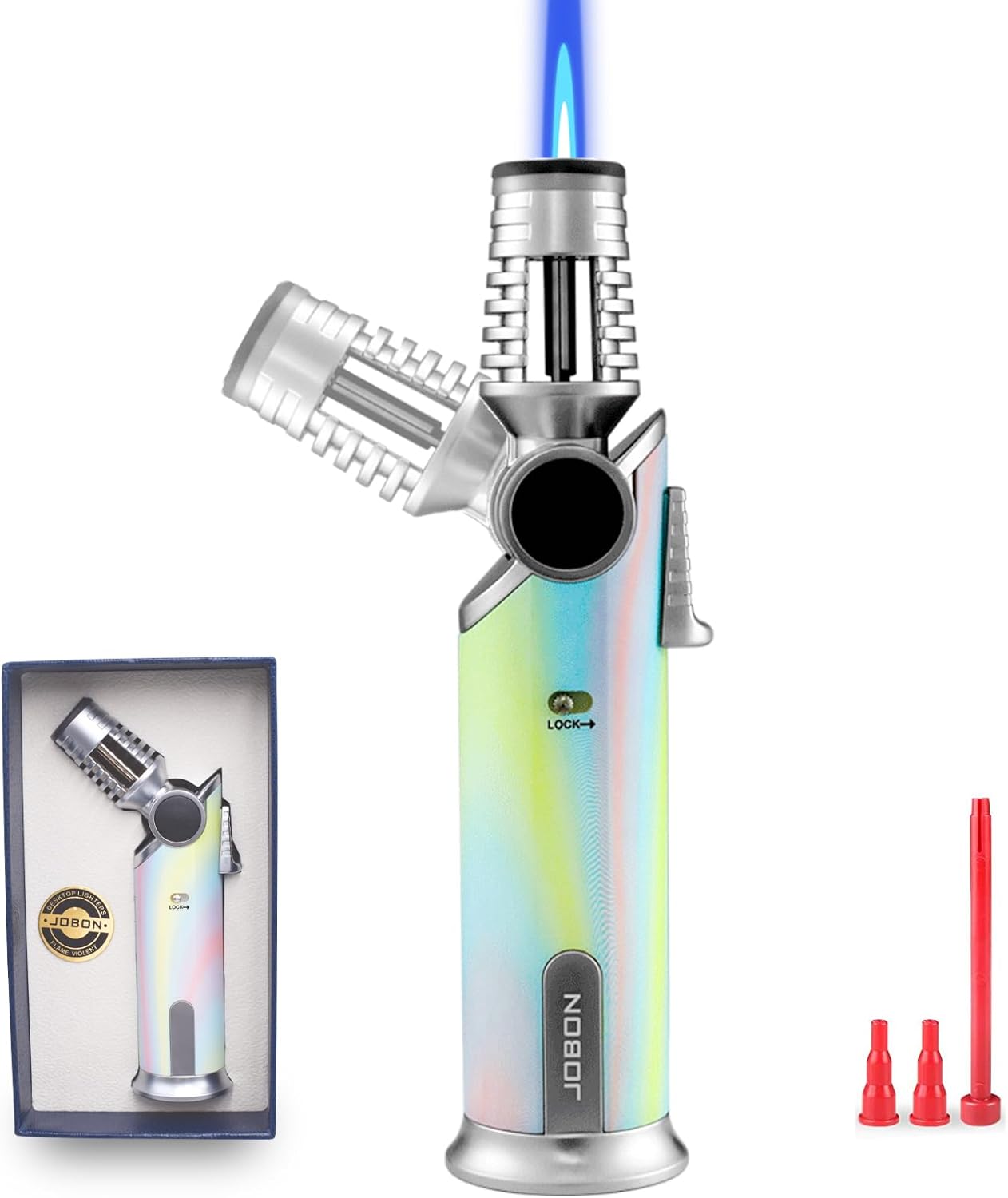 DOUBFIVSY Butane Torch Lighter, 60° Rotatable Refillable Kitchen Cooking Torch Windproof Adjustable Flame Lighter with Fire Lock for Baking Creme Brulee BBQ, Butane is Not Included (Colorful)