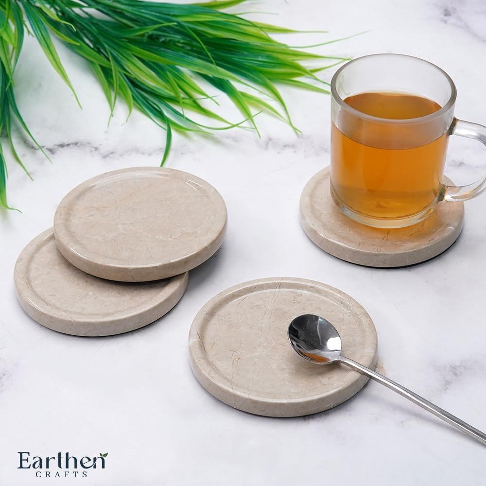 Marble Coasters Set of 4 Beige 4 Inches Round Coaster Set Natural Stone Drink Coasters, Coaster for Drinks, Coffee Table, Kitchen, Bar Décor