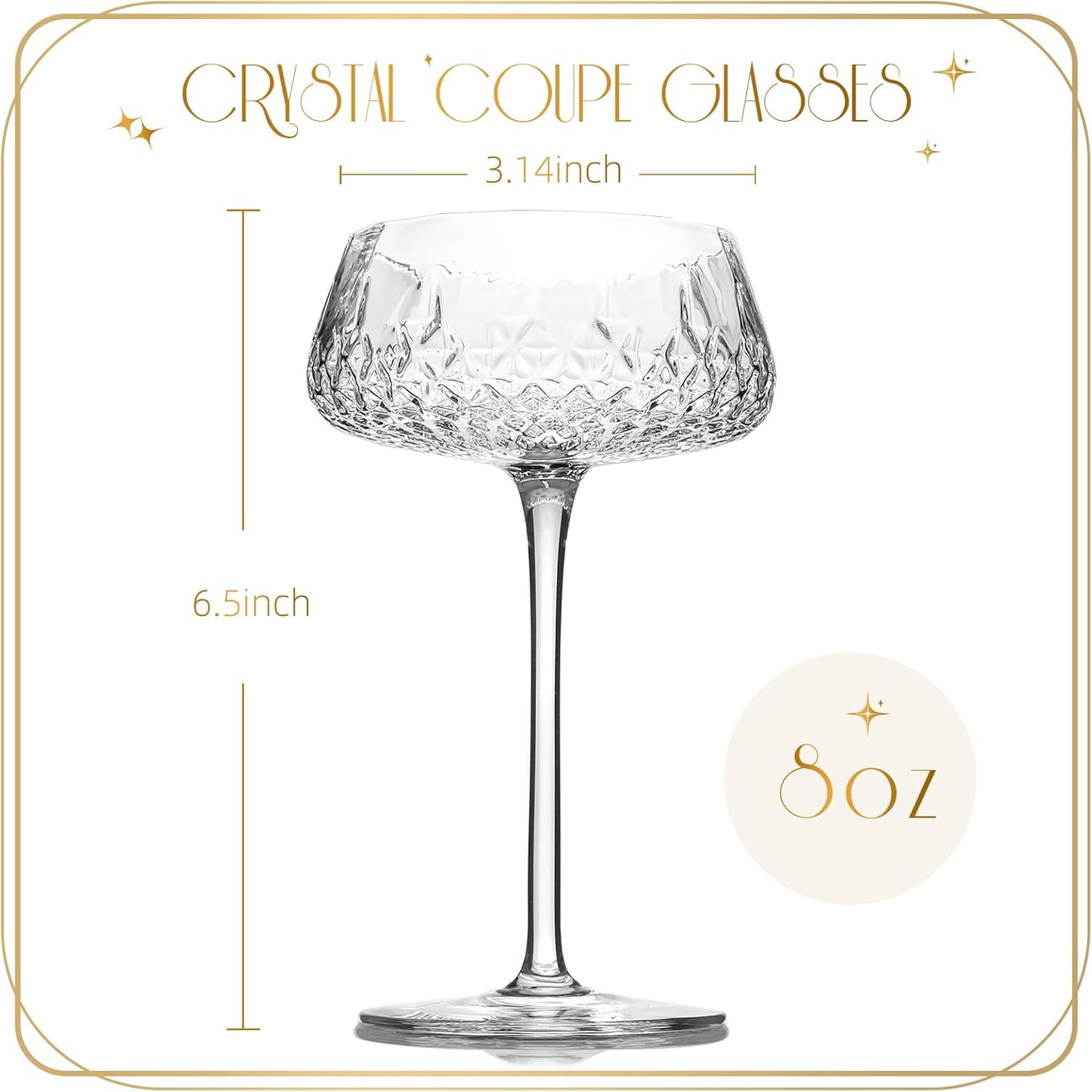 VIMERPA Coupe Glasses, Martini Glasses Set of 4, Vintage Champagne Coupe Glasses, 8oz Large Martini Glass, Crystal Retro Style Cocktail Glass for Elegant Bar Drinks, Vintage Art Deco Glassware
