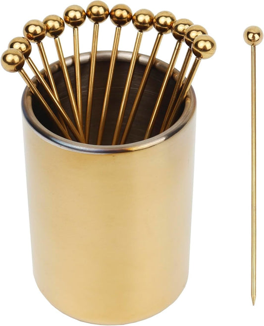 Lexenic 12-Piece Cocktail Picks Set with Holder, Premium 304 Stainless Steel Martini Skewers, Reusable Garnish Sticks for Olives, Appetizers & Fruit (1 Style Needle Golden)